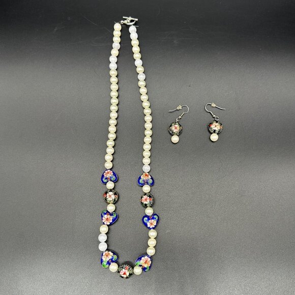 Vintage Cloisonne Floral Faux Pearl Necklace Earrings Set Heart Beads Blue Black - Picture 3 of 9